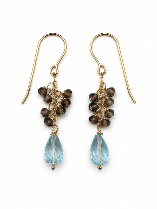 Venus and Vulcan Jewelry - HKB80 Blue Topaz + Smoky Quartz Hook Earrings